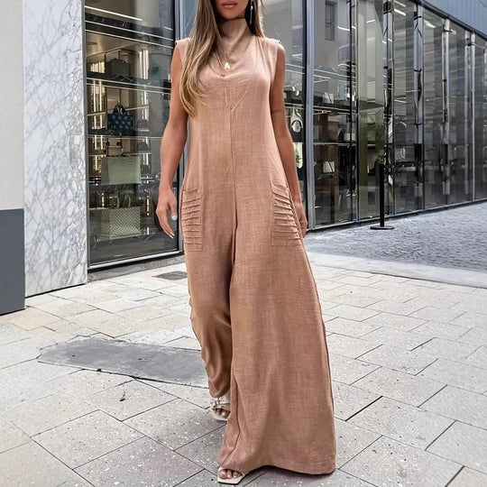 Damen luftiger Maxijumpsuit mit dekorativen Falten und seitlichen Taschen EB