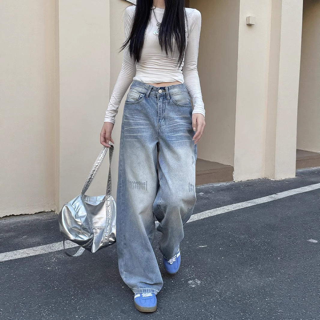 Damen Weite Baggy-Jeans mit modischem Used-Effekt und hohen Taschen EB