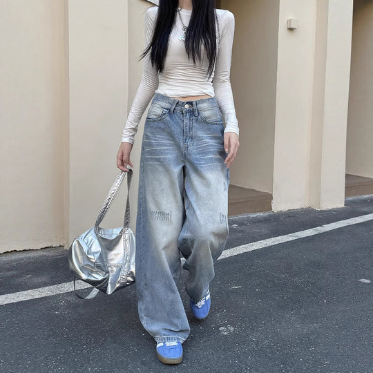 Damen Weite Baggy-Jeans mit modischem Used-Effekt und hohen Taschen EB