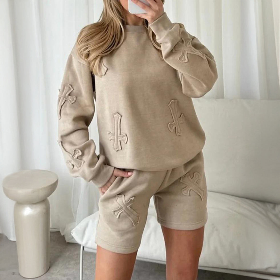 Damen nan lässiges Sweatshirt- und Short-Set mit dekorativen Schleifen-Applikationen, hohem Rundhalsausschnitt und Tunnelzugbund EB