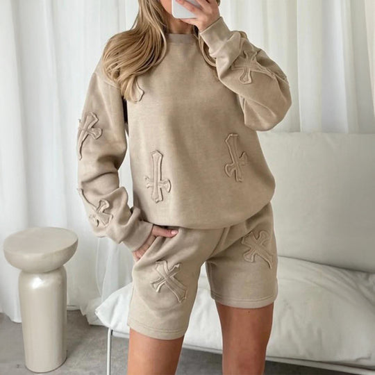 Damen nan lässiges Sweatshirt- und Short-Set mit dekorativen Schleifen-Applikationen, hohem Rundhalsausschnitt und Tunnelzugbund EB