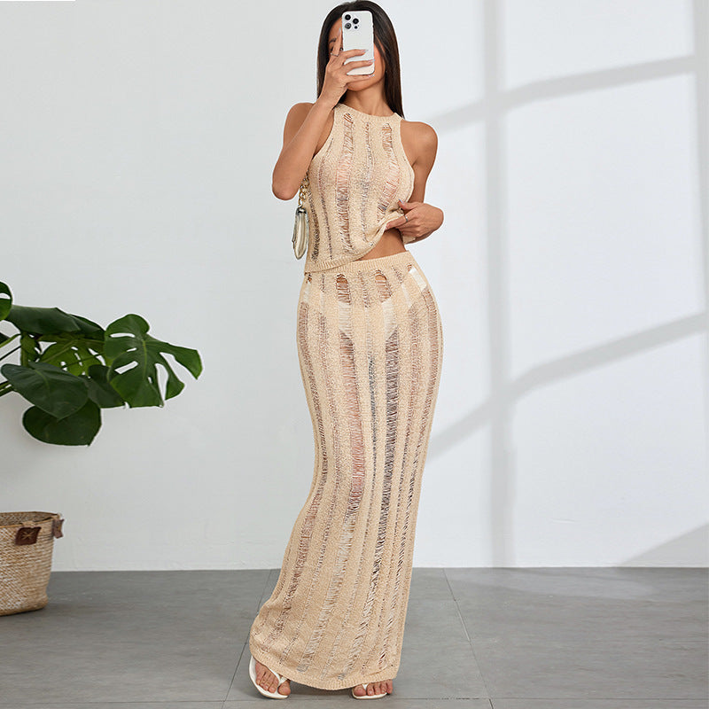 Damen Maxikleid mit transparenter Häkelstruktur und modischen Cut-Outs EB