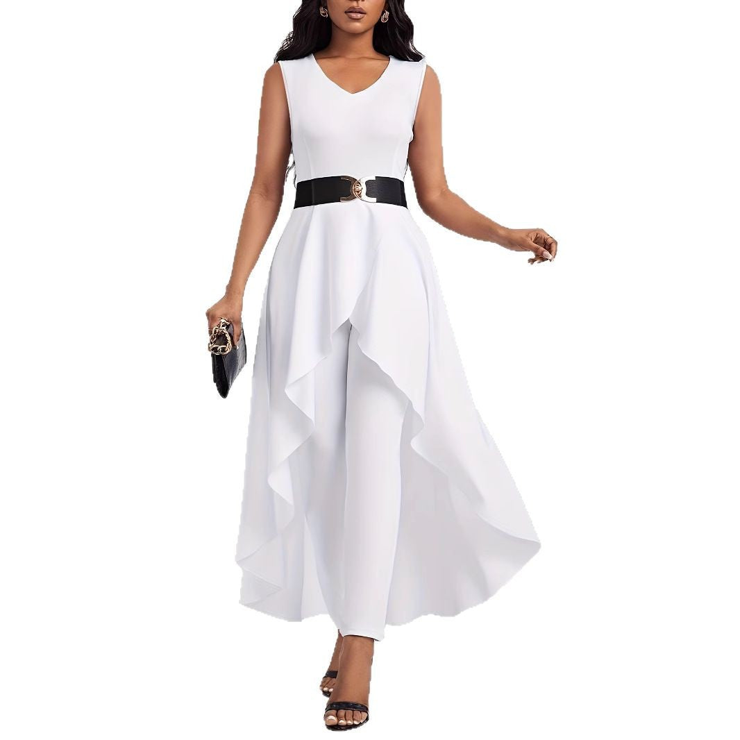Damen Elegante Jumpsuit mit asymmetrischem Rock und tiefem V-Ausschnitt EB