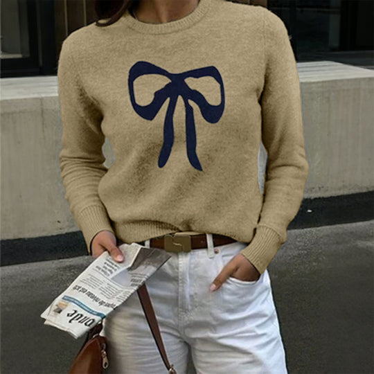 Damen nan Feinstrickpullover mit großem Schleifenprint, Rundhalsausschnitt und schmaler Passform EB