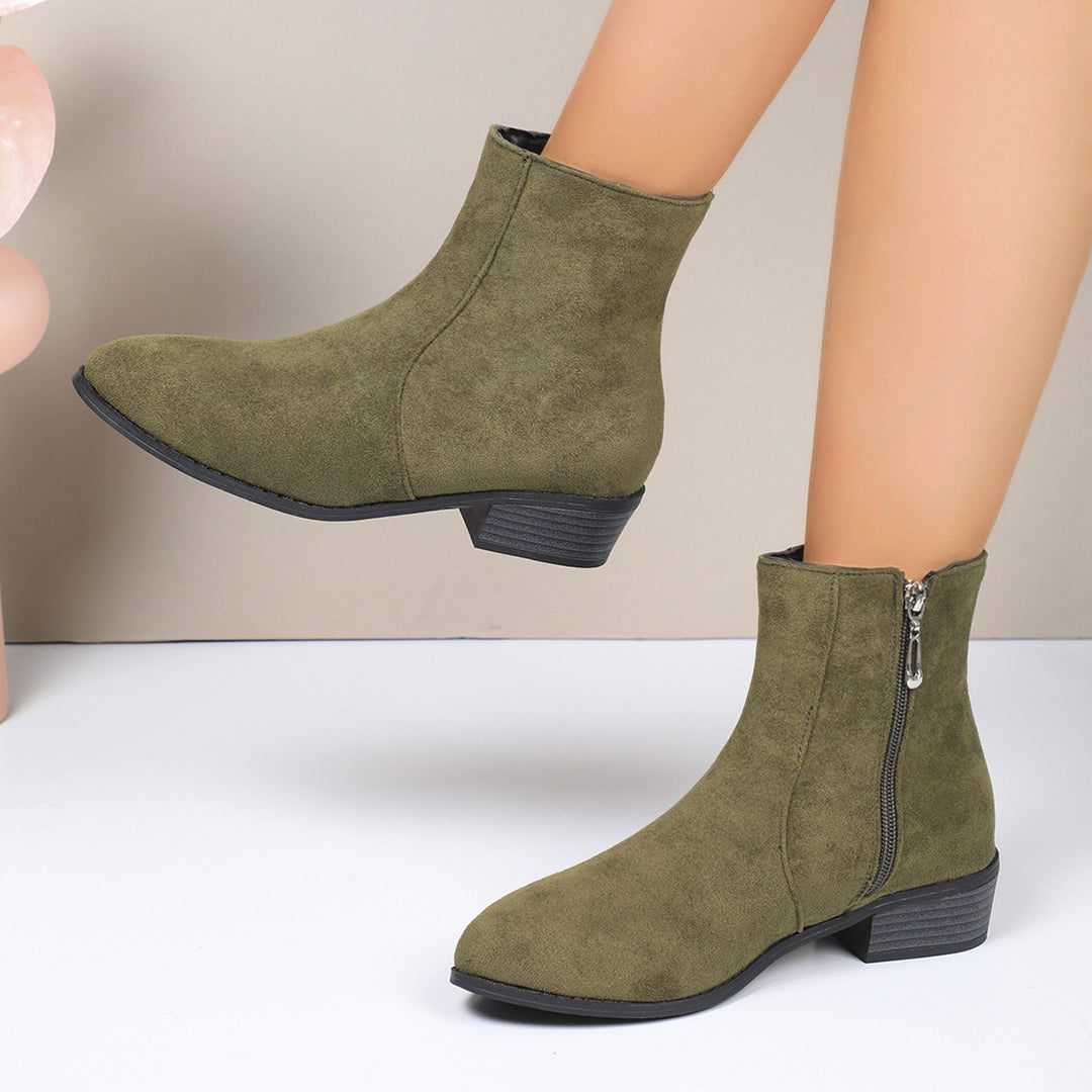 Damen nan knöchelhohe Wildlederoptik-Stiefelette mit seitlichem Reißverschluss, spitzer Zehenpartie und niedrigem Blockabsatz EB
