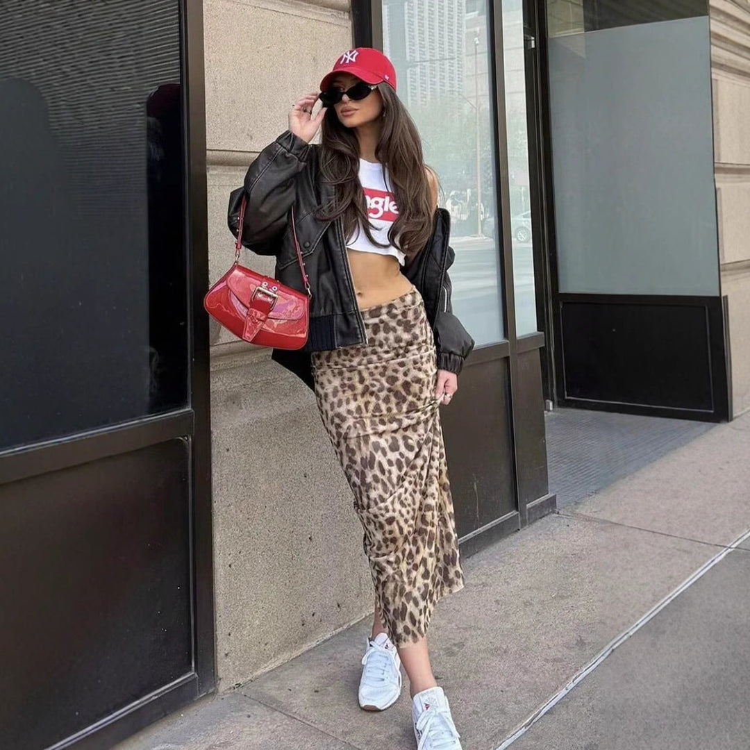 Damen eleganter Maxirock im stilvollen Leoprint EB
