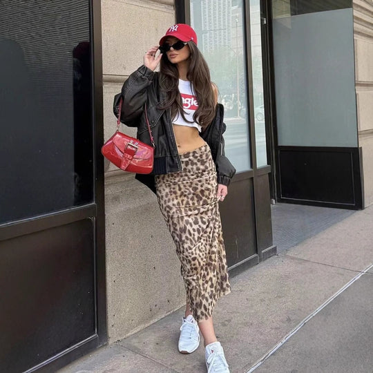 Damen eleganter Maxirock im stilvollen Leoprint EB