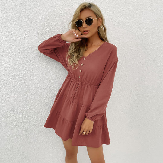 Damen Midi-Kleid mit knöpfbarem Ausschnitt und Taillenbindung EB
