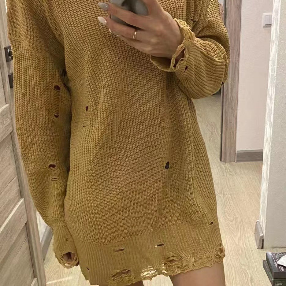 Damen Lässiger Pullover im Oversized-Stil mit V-Ausschnitt und lässigen Fransen EB