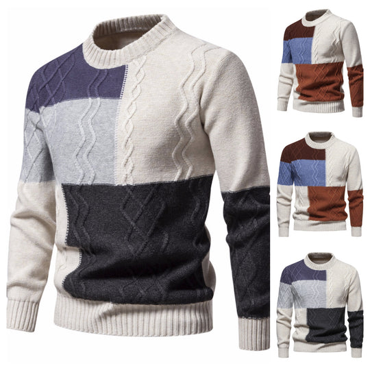 Herren Strickpullover mit modernem Zopfmuster und buntem Blockdesign EB