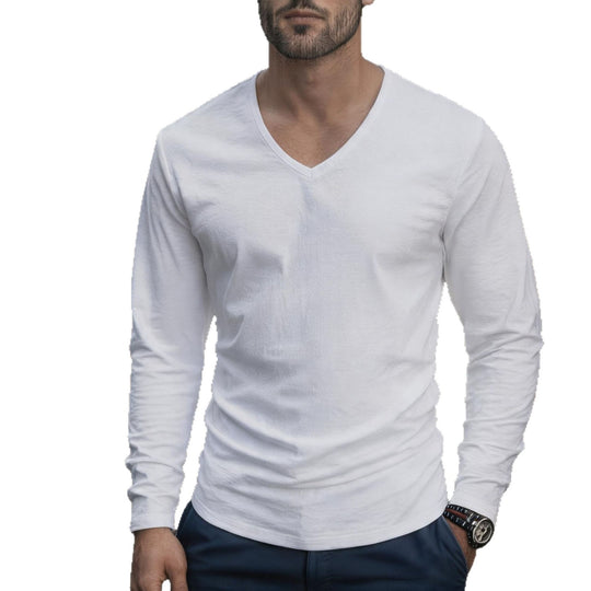 Herren nan tailliertes Langarmshirt mit V-Ausschnitt aus feinem Baumwollstretch EB