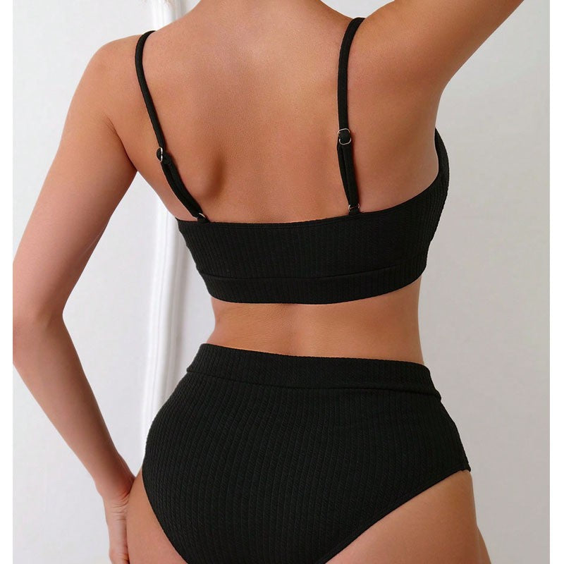 Damen High-Waist Bikini Set mit sportlichem Crop-Top und Rippstruktur EB
