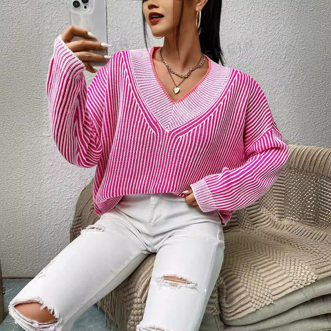 Damen lässiger V-Ausschnitt Pullover mit Streifenmuster EB