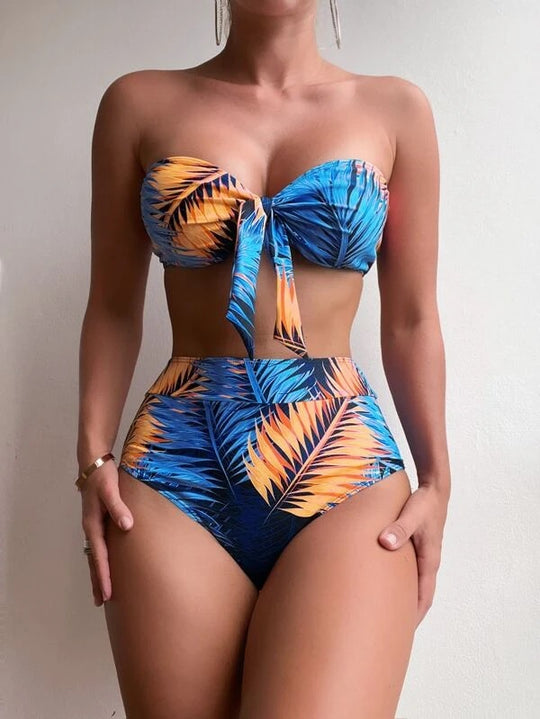 Damen Bandeau-Bikini mit floralem Design und passendem Kimono EB