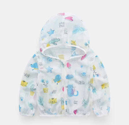 Unisex nan atmungsaktive Netz Kapuzen-Sonnenjacke für Säuglinge mit Reißverschluss und verspieltem Elefantenmotiv EB