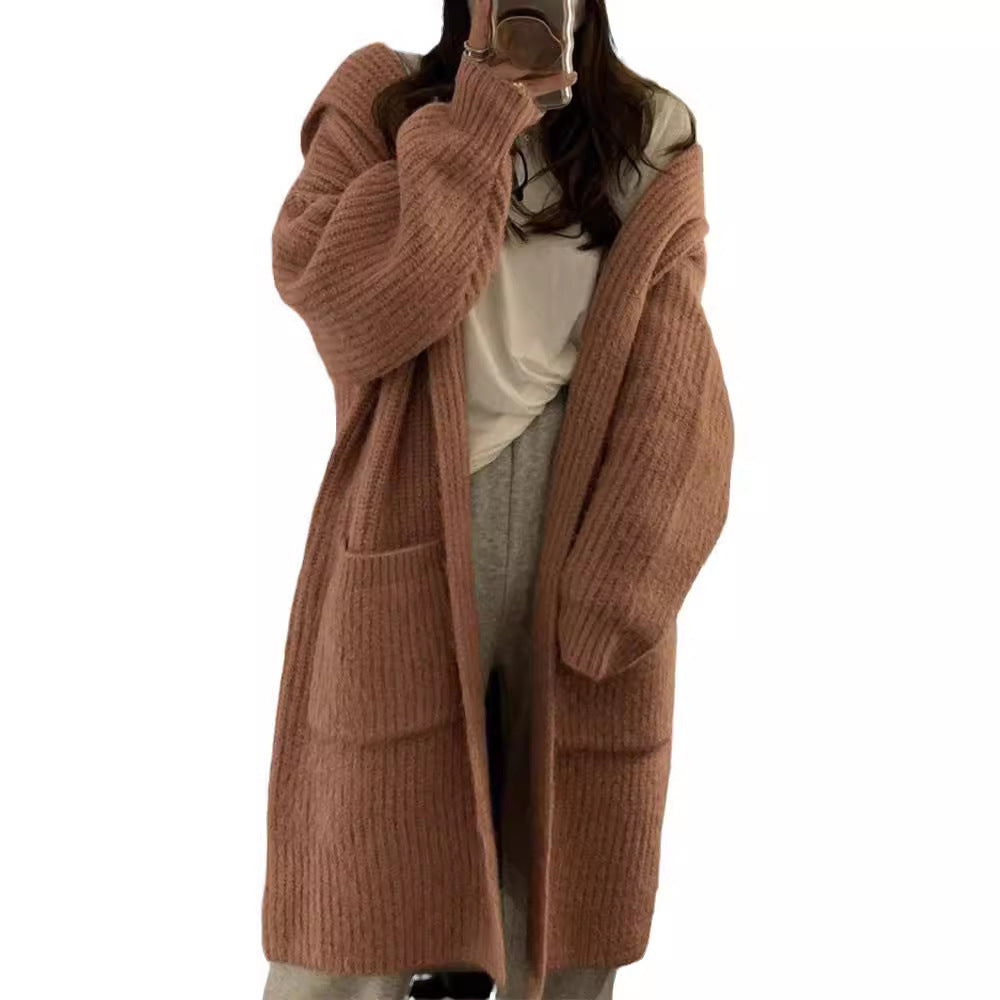 Damen Langer Strickcardigan mit tiefem V-Ausschnitt und Taschen EB