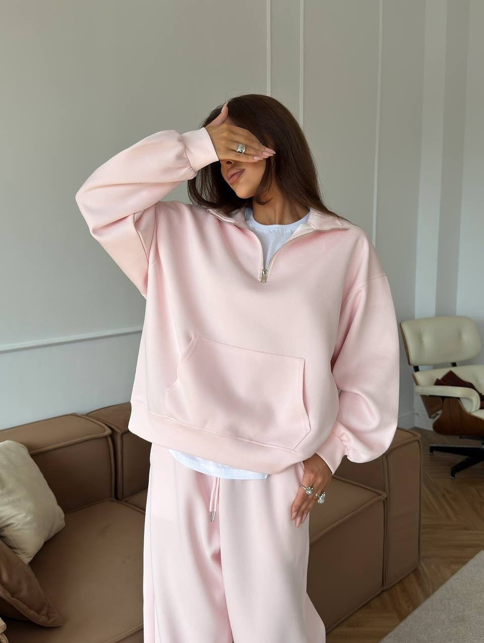Damen nan weites Halfzip-Lounge-Set mit Kapuzenpullover, Kängurutasche und fließender Wide-Leg-Hose EB