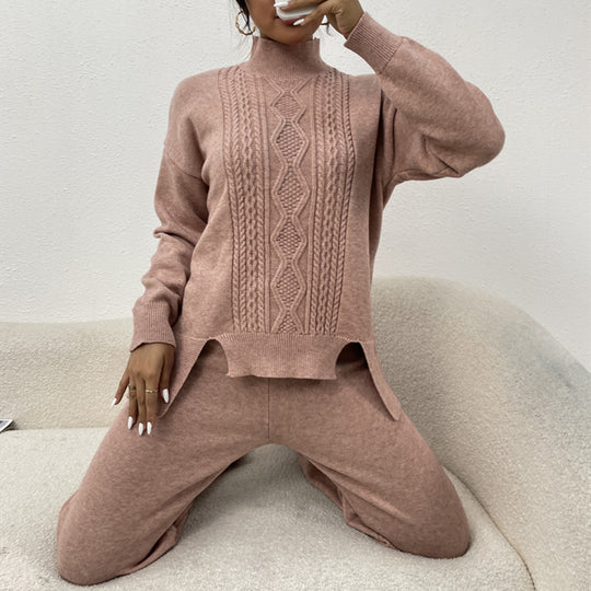 Damen eleganter Strickanzug mit hohem Kragen und farbenfrohem Muster EB