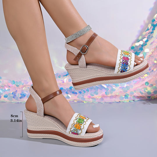 Damen Wedge-Sandalen mit buntem Stickereibesatz und komfortablem Riemchen EB