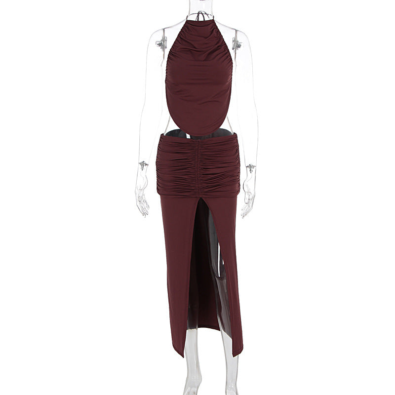 Damen Elegantes Maxikleid mit asymmetrischem Halterhals und ausgefallenem Schlitz EB