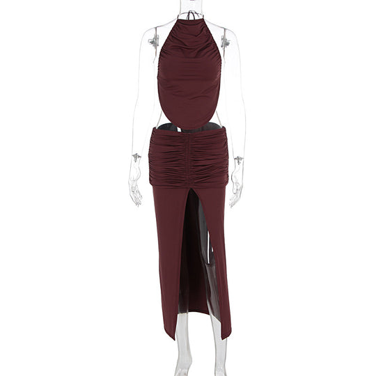 Damen Elegantes Maxikleid mit asymmetrischem Halterhals und ausgefallenem Schlitz EB