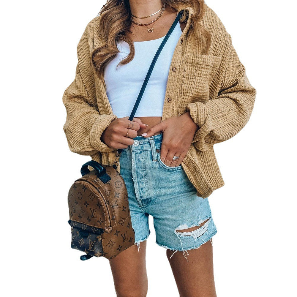Damen lässige Overshirt-Jacke mit Knopfverschluss und voluminösen Ärmeln EB