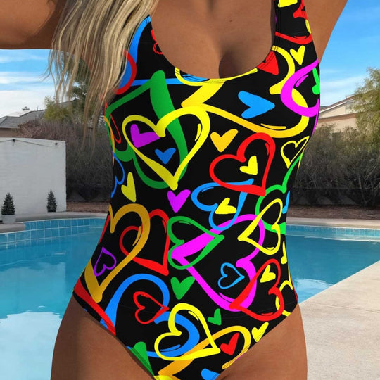 Damen Einteiliger Badeanzug mit buntem Herzdesign und komfortablem Schnitt EB