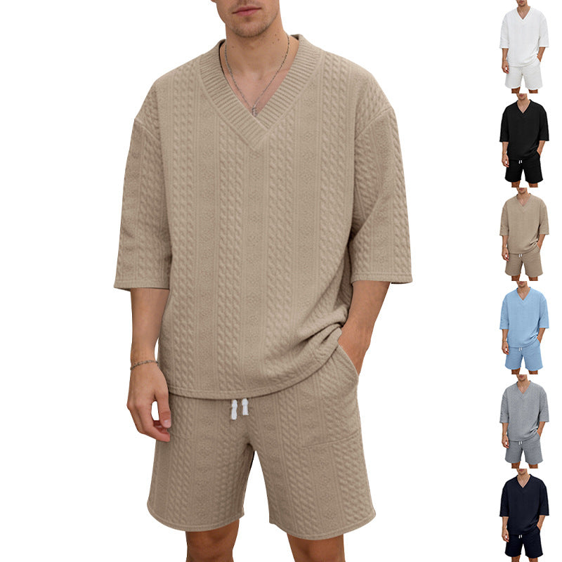 Unisex nan lässiges Lounge-Set mit V-Ausschnitt-Oberteil und Kordelbund-Shorts EB