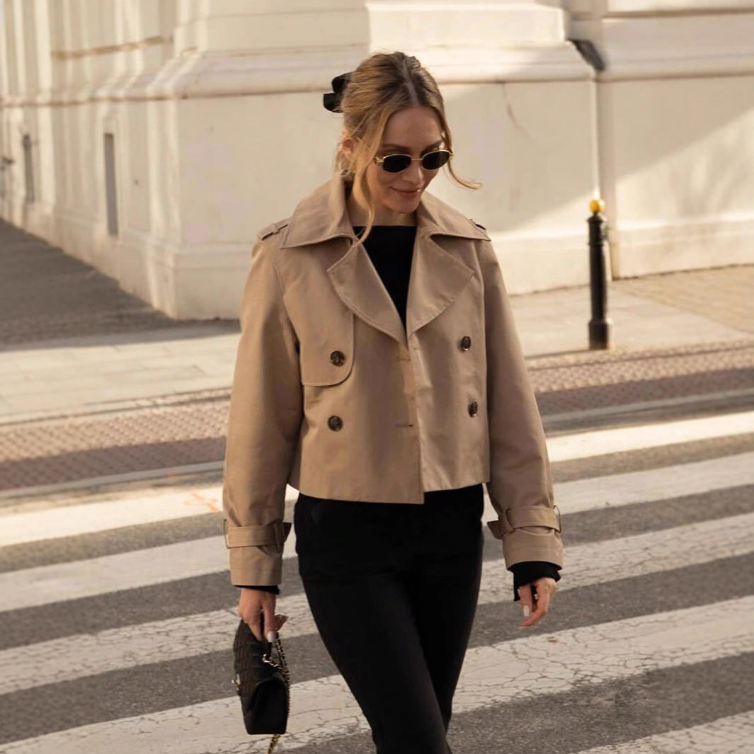 Damen modische Cropped-Trenchjacke mit doppelter Knopfleiste und verstellbaren Ärmeln EB