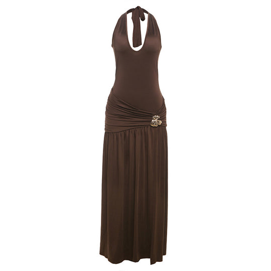 Damen Maxi-Kleid mit eleganten Raffungselementen und aufwendiger Brosche EB