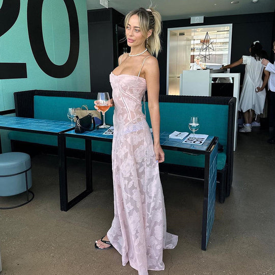 Damen Maxikleid mit transparentem Oberteil und feinem Spitzenmuster EB