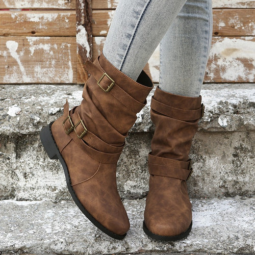 Damen modische Stiefeletten mit stylishen Schnallen und raffiniertem Falten-Design EB
