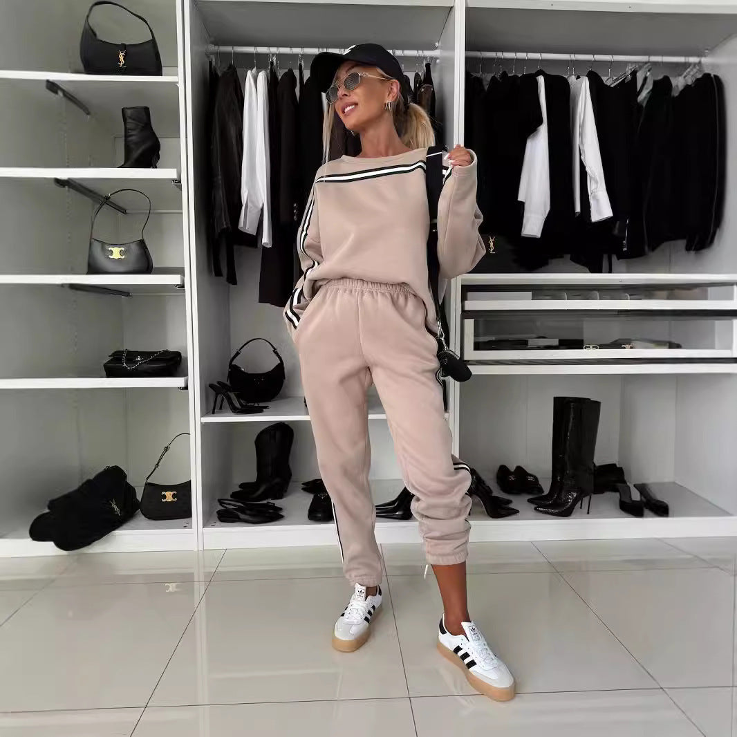 Damen sportives Lounge-Set mit gestreiften Seitenstreifen, oversized Sweatshirt und elastischer Jogginghose EB