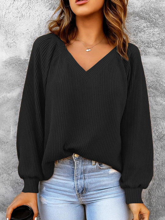 Damen Feinstruktur-Strickpullover mit V-Ausschnitt, Ballonärmeln und Rippbündchen EB