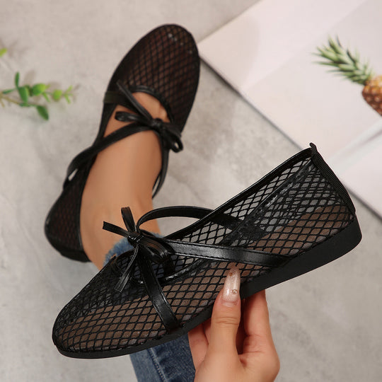 Damen Netz-Ballerinas mit elastischem Riemen und dekorativem Schleifendetail EB