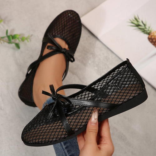 Damen Netz-Ballerinas mit elastischem Riemen und dekorativem Schleifendetail EB