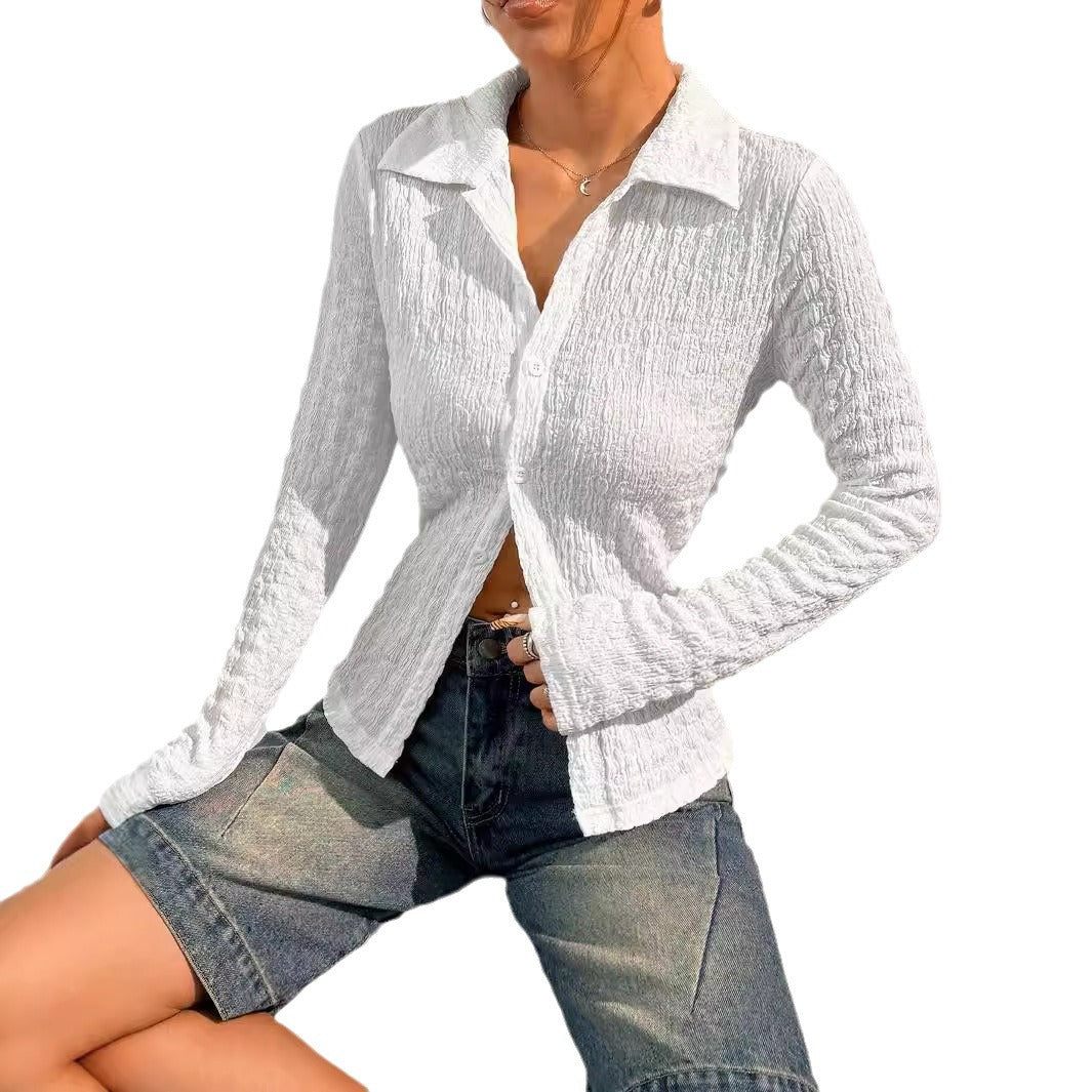 Damen nan Hemdbluse mit Kräuselstruktur, Hemdkragen und taillierter Passform EB