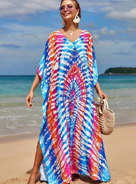 Damen Strandkleid mit V-Ausschnitt und einzigartigem Batikmuster EB