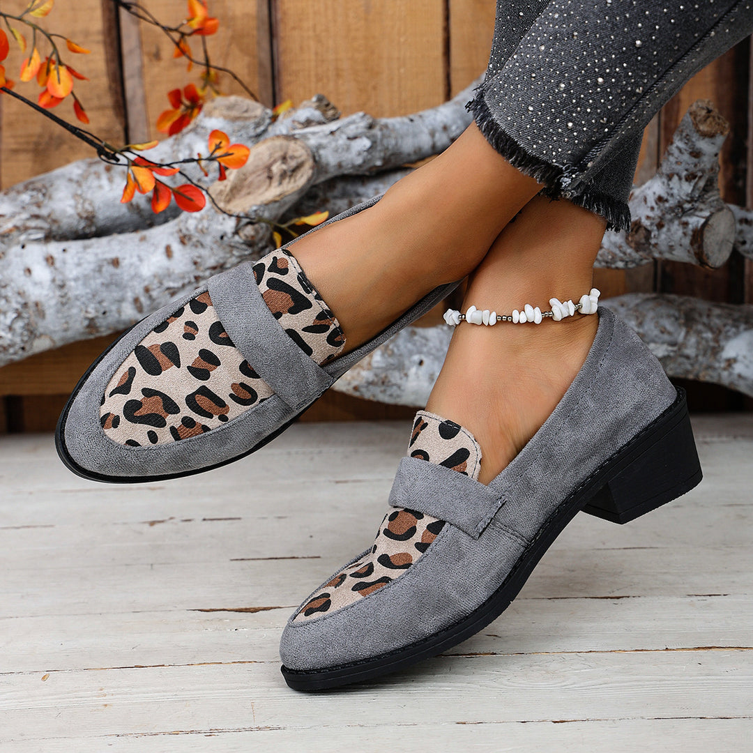 Damen Mokassin-Schuhe mit modischem Leopardenmuster und komfortablem Blockabsatz EB