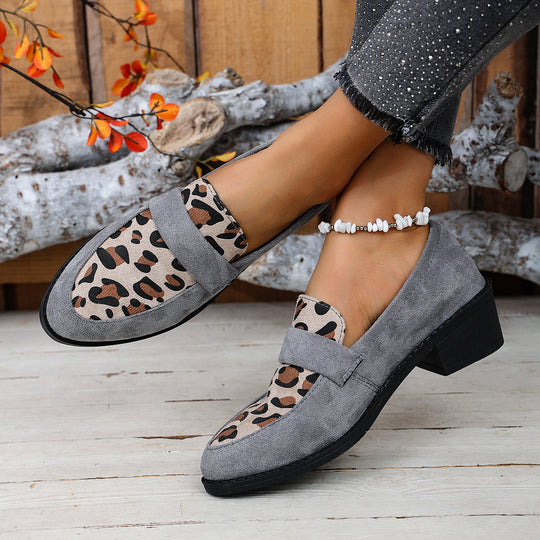 Damen Mokassin-Schuhe mit modischem Leopardenmuster und komfortablem Blockabsatz EB