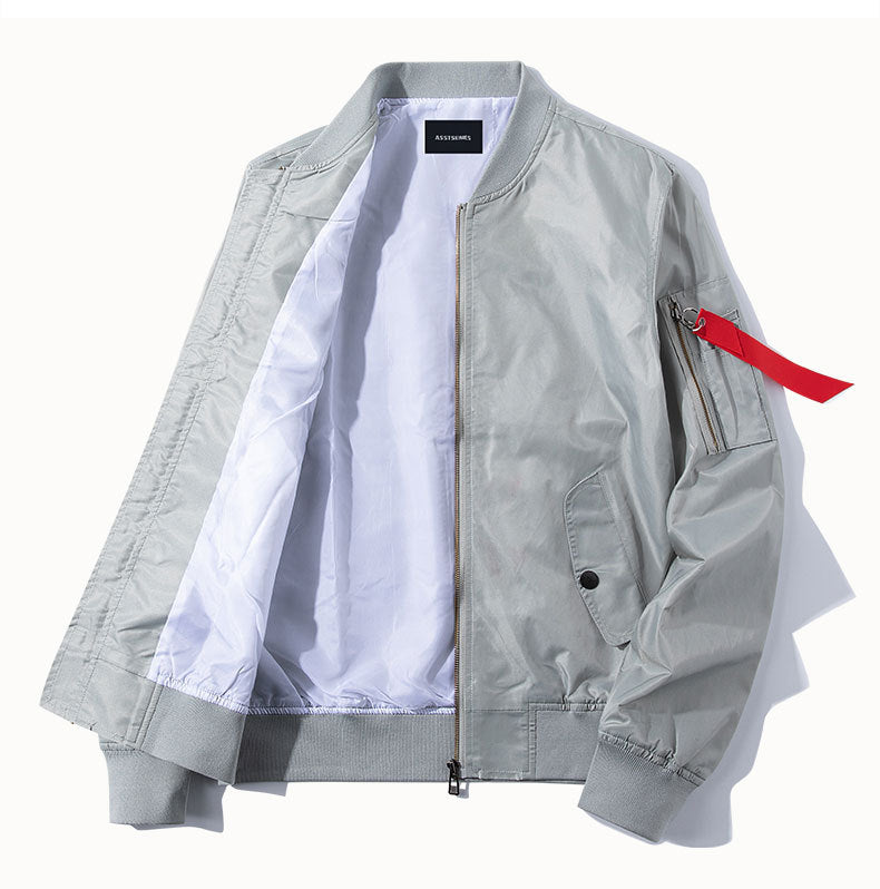 Men's  slim-profile nylon bomber jacket with high-visibility contrast lining and zip utility sleeve pocket EB