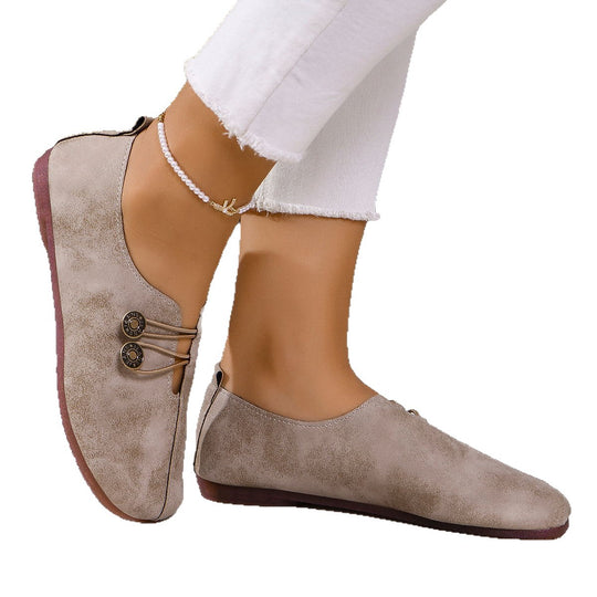 Damen nan bequeme flache Slipper Vintageoptik mit Zierknöpfen und elastischer Schnürung EB