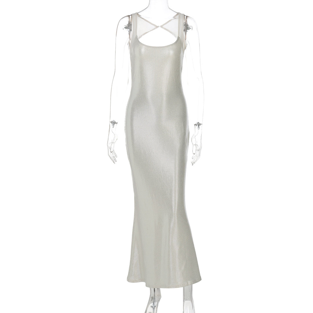 Damen Elegantes Maxikleid mit verführerischem Kreuzträger und schimmerndem Obermaterial EB
