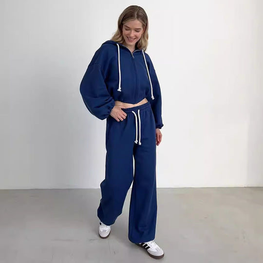 Damen kurzes Zip-Hoodie-Set mit taillenhoher Wide-Leg Jogginghose aus French-Terry EB