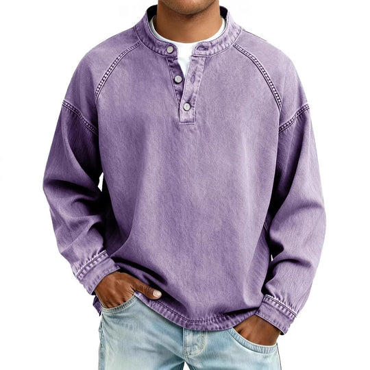 Herren nan verwaschenes Henley-Shirt mit Stehkragen, lockerer Passform und Knopfleiste EB