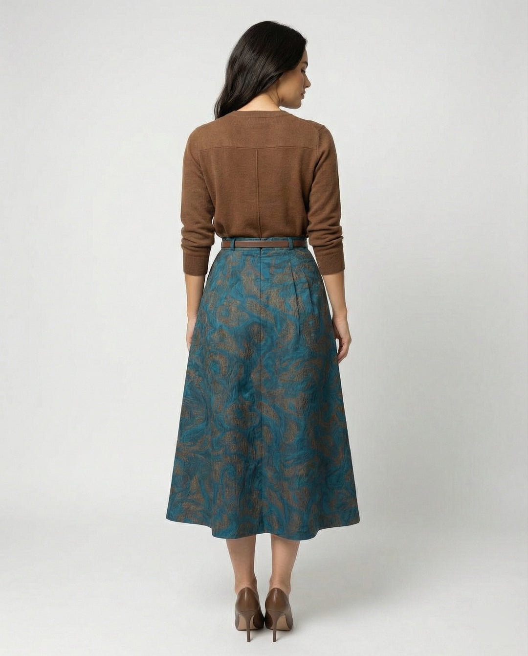 Damen Polo Cardigan Zopfmuster Midirock mit hohem Bund, Jacquardstruktur, dezenter Faltenlegung und Eingrifftaschen EB