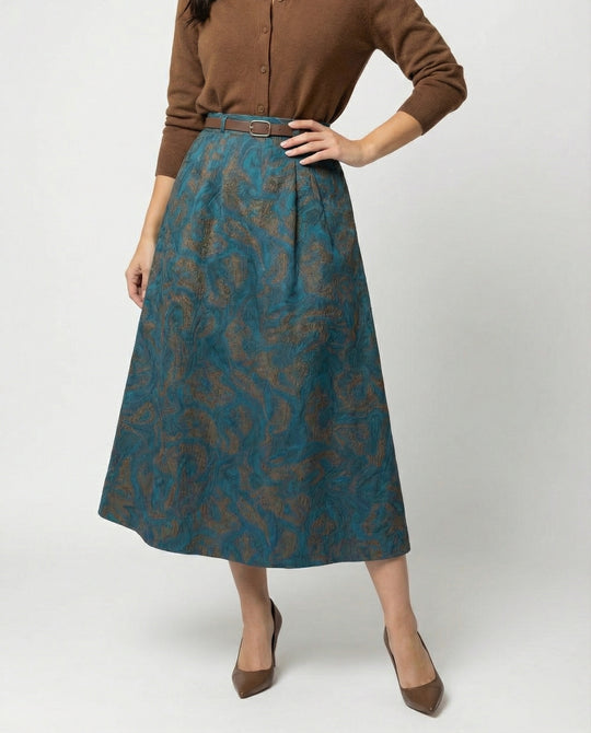 Damen Polo Cardigan Zopfmuster Midirock mit hohem Bund, Jacquardstruktur, dezenter Faltenlegung und Eingrifftaschen EB