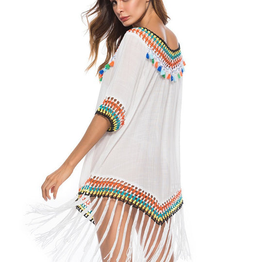 Damen Strandüberwurfkleid mit fransigem Saum und buntem Häkelmuster EB