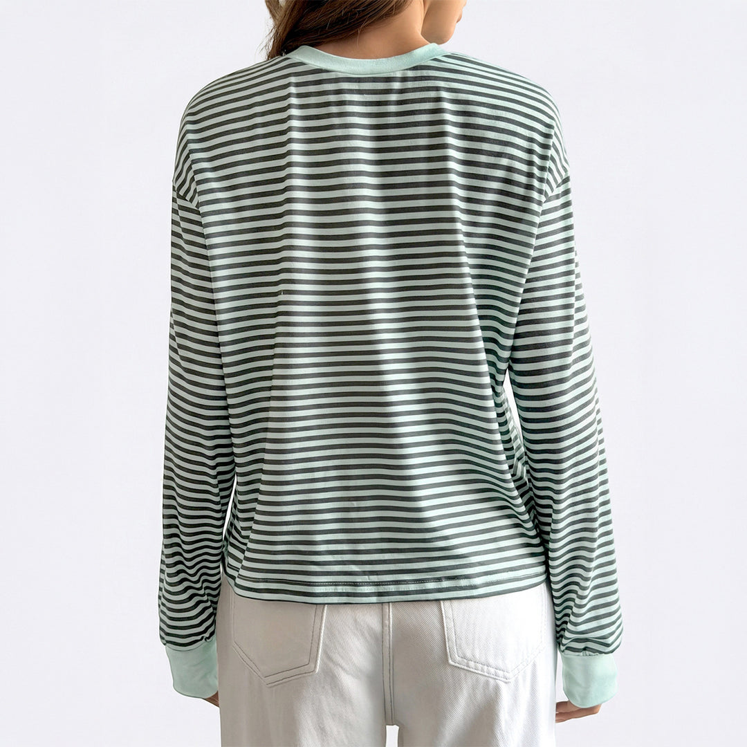 Damen nan lässiges gestreiftes Oversize-Longsleeve mit kontrastierendem Rundhalsausschnitt und verlängertem Rückensaum EB