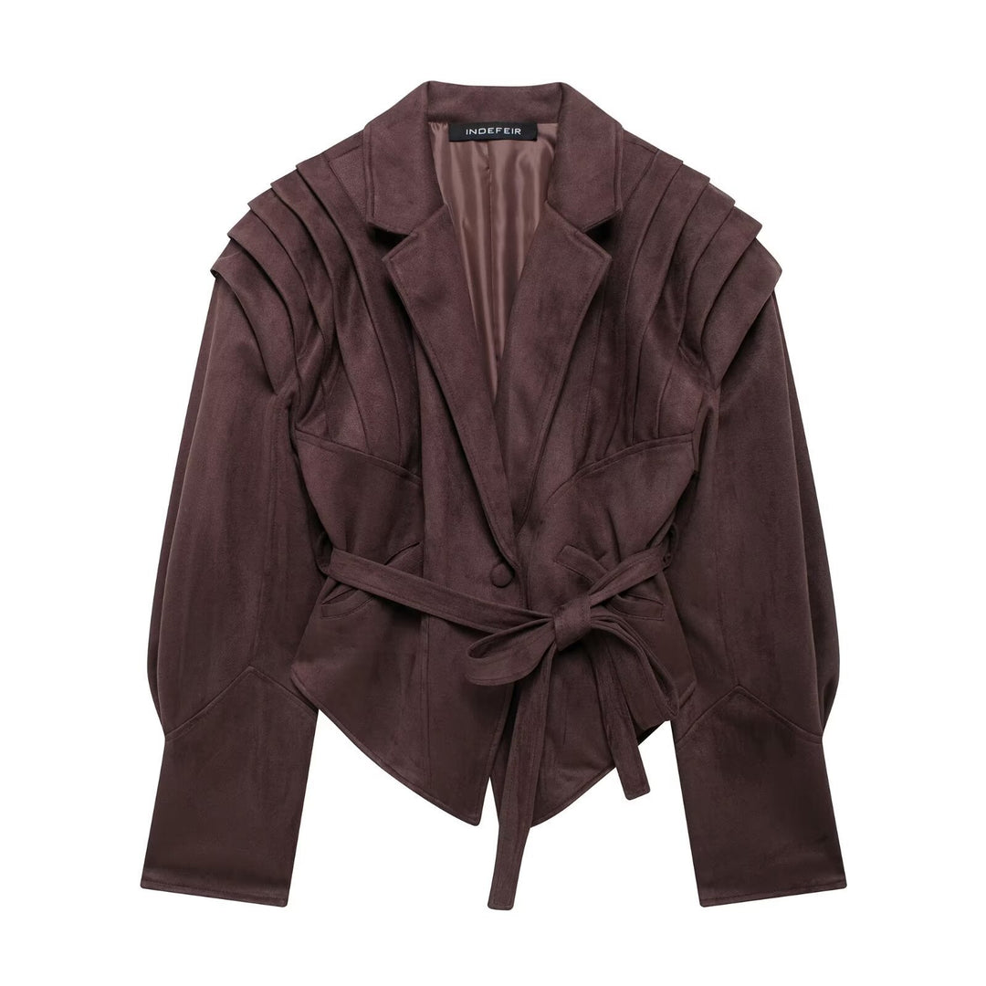 Damen nan taillierter Wildlederoptik Blazer mit Wickelgürtel und gerafften Schultern EB